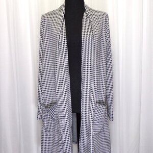 Ambrie Houndstooth Open Front Sweater Womens MED Black White Long Pockets USA